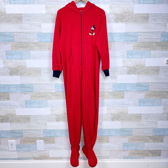 Disney Mickey Ears Hooded Fleece Footie Union Suit Pajamas Red Womens Large 12 - Picture 1 of 8